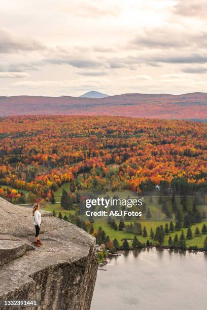 woman looking at lake and forest during autumn. - quebec canada stock pictures, royalty-free photos & images