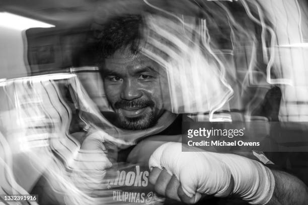 Manny Pacquiao poses for a portrait prior to his training session ahead of his fight against Errol Spence Jr. On August 21 at T-Mobile Arena in Las...