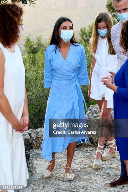 Queen Letizia of Spain visits the Interpretation Center of 'Sierra De Tramuntana' and the Lluc Sanctuary on August 04, 2021 in Escorca, Spain.