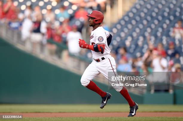 Victor Robles of the Washington Nationals rounds the bases after hitting a home run in the first inning against the Philadelphia Phillies at...