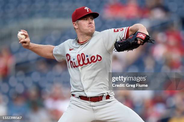 Chase Anderson of the Philadelphia Phillies pitches in the first inning against the Washington Nationals at Nationals Park on August 04, 2021 in...