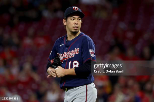Kenta Maeda of the Minnesota Twins looks on in the fifth inning against the Cincinnati Reds at Great American Ball Park on August 03, 2021 in...