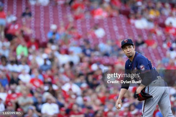 Kenta Maeda of the Minnesota Twins pitches in the first inning against the Cincinnati Reds at Great American Ball Park on August 03, 2021 in...