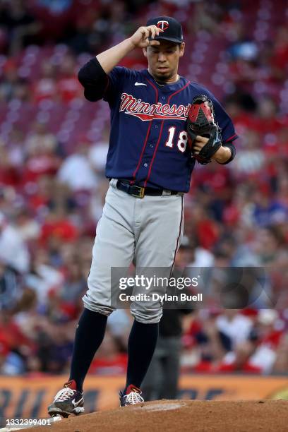 Kenta Maeda of the Minnesota Twins pitches in the fourth inning against the Cincinnati Reds at Great American Ball Park on August 03, 2021 in...
