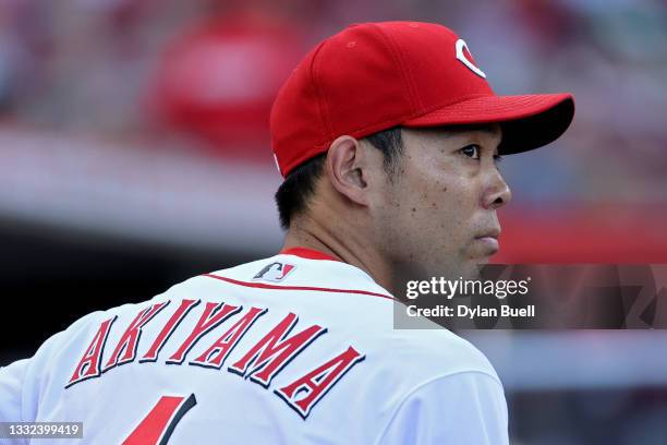 Shogo Akiyama of the Cincinnati Reds looks on before the game against the Minnesota Twins at Great American Ball Park on August 03, 2021 in...