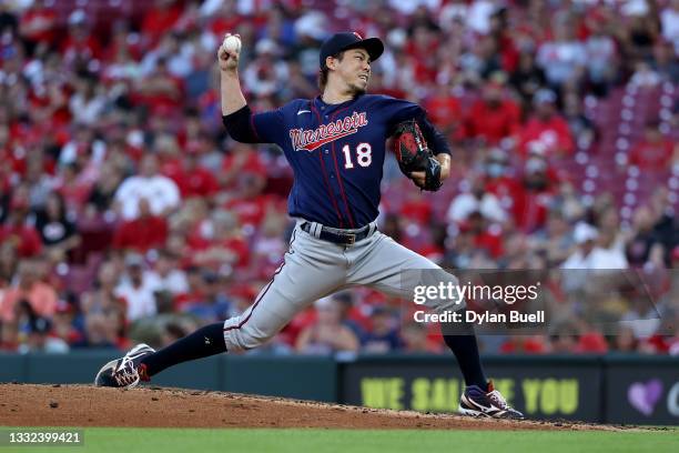 Kenta Maeda of the Minnesota Twins pitches in the third inning against the Cincinnati Reds at Great American Ball Park on August 03, 2021 in...