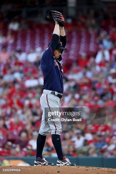 Kenta Maeda of the Minnesota Twins pitches in the third inning against the Cincinnati Reds at Great American Ball Park on August 03, 2021 in...
