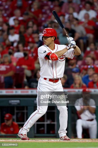 Shogo Akiyama of the Cincinnati Reds bats in the fifth inning against the Minnesota Twins at Great American Ball Park on August 03, 2021 in...
