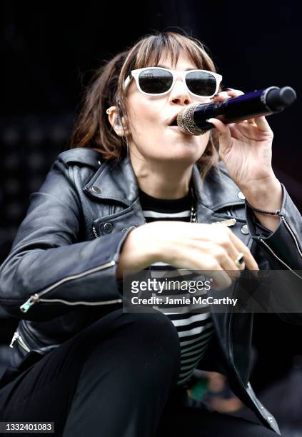 Aimee Allen of The Interrupters performs during The Hella Mega Tour at Citi Field on August 04, 2021 in New York City.