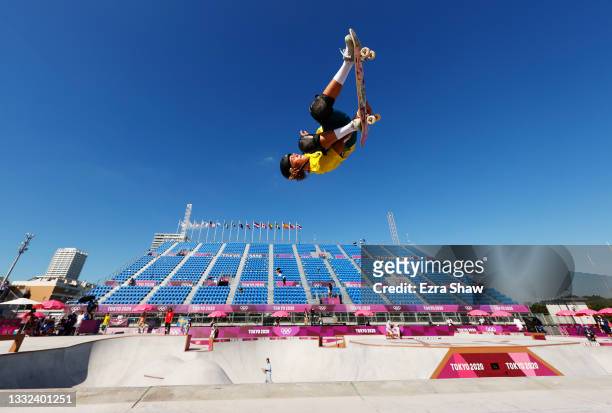 Keegan Palmer of Team Australia warms up prior to the Men's Skateboarding Park Preliminary Heat on day thirteen of the Tokyo 2020 Olympic Games at...