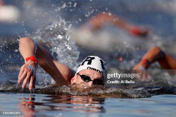 Florian Wellbrock of Team Germany competes during the Men's 10km Marathon Swimming on day thirteen of the Tokyo 2020 Olympic Games at Odaiba Marine...