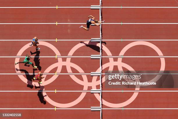 Kevin Mayer of Team France leads during the Men's Decathlon 110m Hurdles heats on day thirteen of the Tokyo 2020 Olympic Games at Olympic Stadium on...