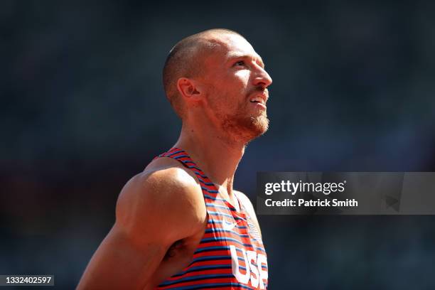 Zachery Ziemek of Team United States looks up while competing in the Men's Decathlon 110m Hurdles heats on day thirteen of the Tokyo 2020 Olympic...