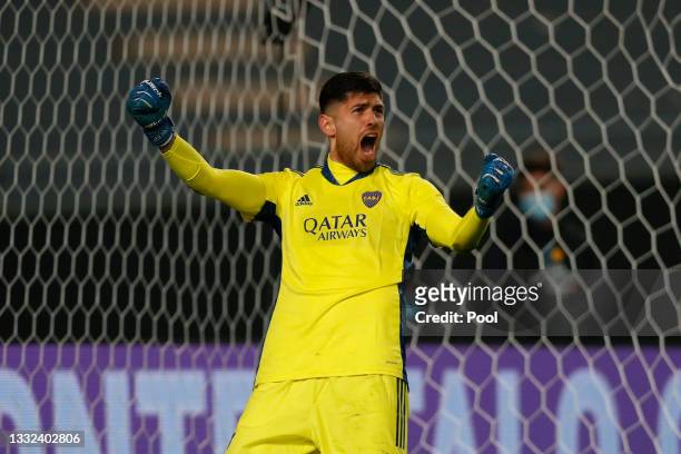 Agustín Rossi of Boca Juniors celebrates after saving a penalty kick during the shootout after a round of sixteen match of Copa Argentina 2021...