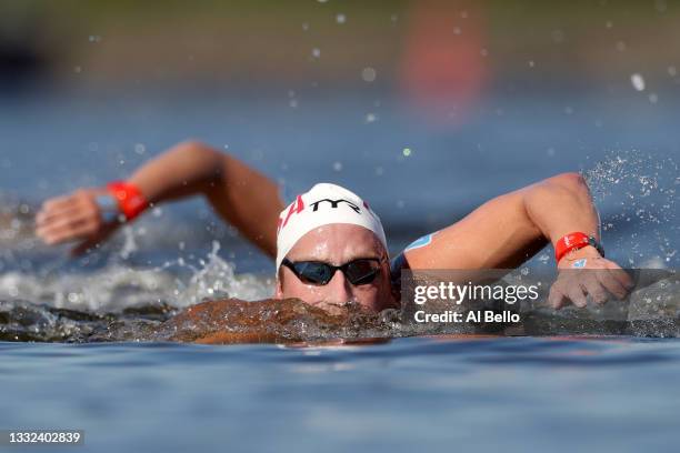 Jordan Wilimovsky of Team United States competes in the Men's 10km Marathon Swimming on day thirteen of the Tokyo 2020 Olympic Games at Odaiba Marine...