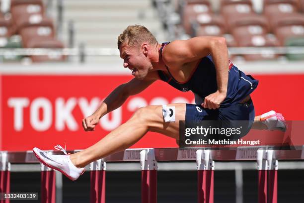Kevin Mayer of Team France competes in the Men's Decathlon 110m Hurdles heats on day thirteen of the Tokyo 2020 Olympic Games at Olympic Stadium on...