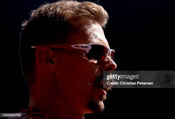 Adam Sebastian Helcelet of Team Czech Republic looks on during the Men's Decathlon 110m Hurdles heats on day thirteen of the Tokyo 2020 Olympic Games...