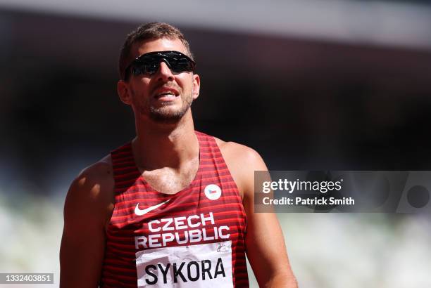 Jiri Sykora of Team Czech Republic looks on during the Men's Decathlon 110m Hurdles heats on day thirteen of the Tokyo 2020 Olympic Games at Olympic...