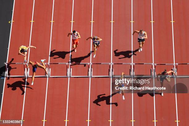 Adam Sebastian Helcelet of Team Czech Republic leads during the Men's Decathlon 110m Hurdles heats on day thirteen of the Tokyo 2020 Olympic Games at...