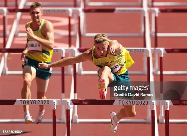 Ashley Moloney of Team Australia competes in the Men's Decathlon 110m Hurdles heats on day thirteen of the Tokyo 2020 Olympic Games at Olympic...