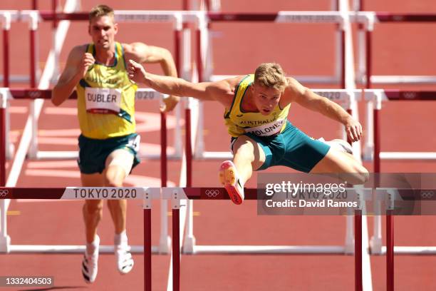 Ashley Moloney of Team Australia competes in the Men's Decathlon 110m Hurdles heats on day thirteen of the Tokyo 2020 Olympic Games at Olympic...