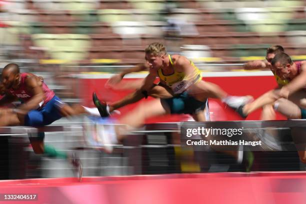 Ashley Moloney of Team Australia competes in the Men's Decathlon 110m Hurdles heats on day thirteen of the Tokyo 2020 Olympic Games at Olympic...