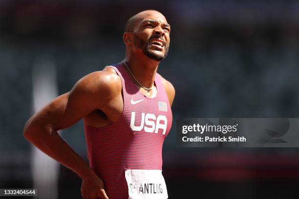 Garrett Scantling of Team United States looks up during the Men's Decathlon 110m Hurdles heats on day thirteen of the Tokyo 2020 Olympic Games at...