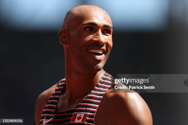 Damian Warner of Team Canada looks on during the Men's Decathlon 110m Hurdles heats on day thirteen of the Tokyo 2020 Olympic Games at Olympic...