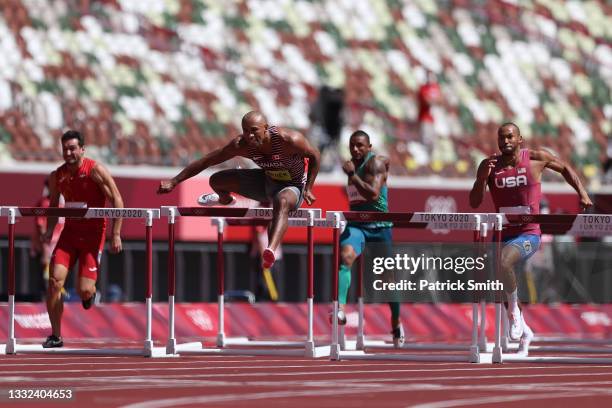 Damian Warner of Team Canada competes in the Men's Decathlon 110m Hurdles heats on day thirteen of the Tokyo 2020 Olympic Games at Olympic Stadium on...
