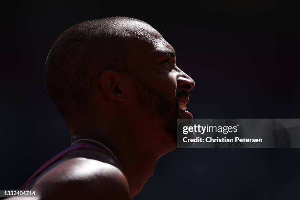 Garrett Scantling of Team United States looks up during the Men's Decathlon 110m Hurdles heats on day thirteen of the Tokyo 2020 Olympic Games at...
