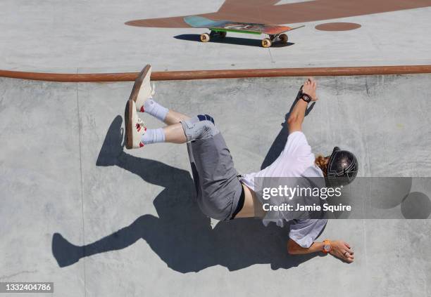 Andy Anderson of Team Canada crashes during the Men's Skateboarding Park Preliminary Heat 1 on day thirteen of the Tokyo 2020 Olympic Games at Ariake...