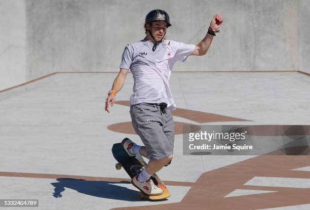 Andy Anderson of Team Canada crashes during the Men's Skateboarding Park Preliminary Heat 1 on day thirteen of the Tokyo 2020 Olympic Games at Ariake...