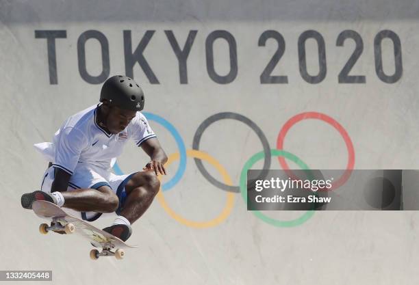 Zion Wright of Team United States competes during the Men's Skateboarding Park Preliminary Heat 1 on day thirteen of the Tokyo 2020 Olympic Games at...