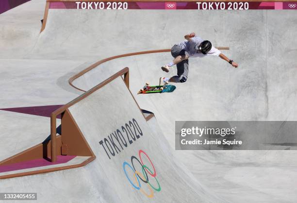 Andy Anderson of Team Canada competes during the Men's Skateboarding Park Preliminary Heat 1 on day thirteen of the Tokyo 2020 Olympic Games at...