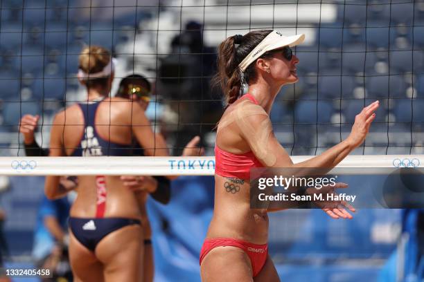 Joana Heidrich of Team Switzerland reacts after the play against Team United States during the Women's Semifinal beach volleyball on day thirteen of...