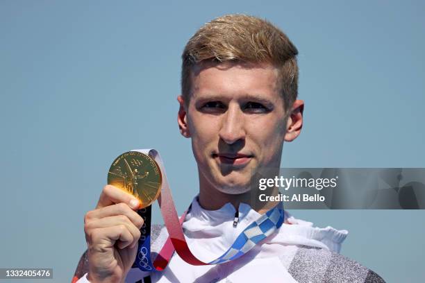 Florian Wellbrock of Team Germany poses with the Gold medal during the Men's 10km Marathon Swimming on day thirteen of the Tokyo 2020 Olympic Games...