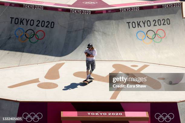 Andy Anderson of Team Canada reacts after his first run during the Men's Skateboarding Park Preliminary Heat 1 on day thirteen of the Tokyo 2020...