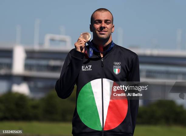 Bronze medalist Gregorio Paltrinieri of Team Italy poses after the Men's 10km Marathon Swimming on day thirteen of the Tokyo 2020 Olympic Games at...