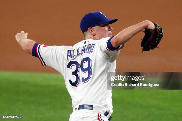 Kolby Allard of the Texas Rangers pitches in the third inning against the Los Angeles Angels at Globe Life Field on August 04, 2021 in Arlington,...