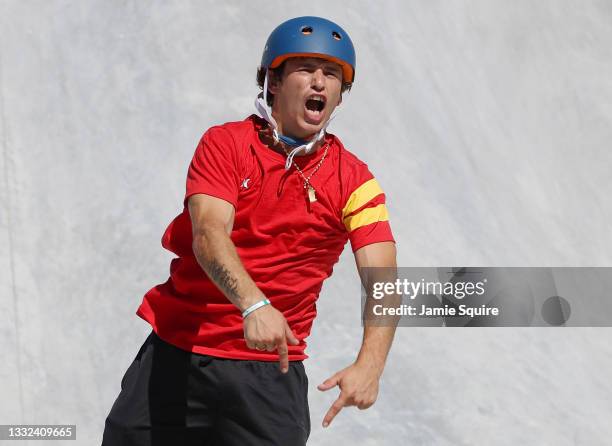 Jamie Mateu of Team Spain celebrates after his run during the Men's Skateboarding Park Preliminary Heat 2 on day thirteen of the Tokyo 2020 Olympic...