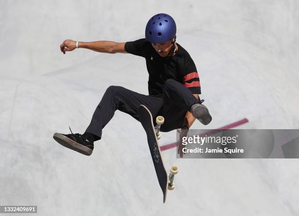 Danny Leon of Team Spain competes during the Men's Skateboarding Park Preliminary Heat on day thirteen of the Tokyo 2020 Olympic Games at Ariake...