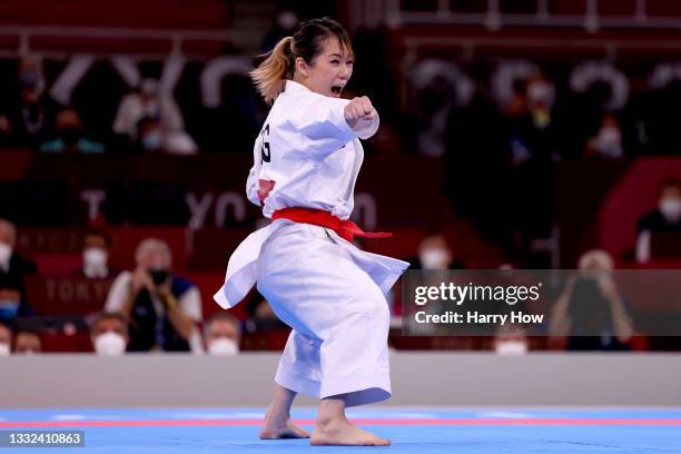 Grace Lau Mo-sheung of Team Hong Kong competes during the Women’s Karate Kata Elimination Round on day thirteen of the Tokyo 2020 Olympic Games at...