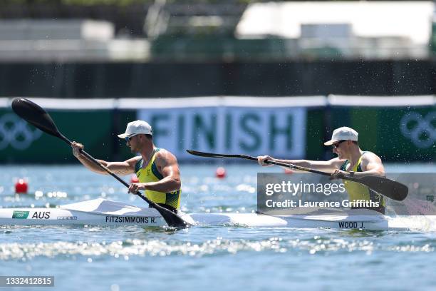 Riley Fitzsimmons and Jordan Wood of Team Australia compete during the Men's Kayak Double 1000m Semi-final 1 on day thirteen of the Tokyo 2020...