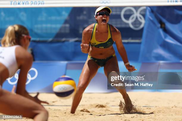 Mariafe Artacho del Solar of Team Australia celebrates after the play against Team Latvia during the Women's Semifinal beach volleyball on day...