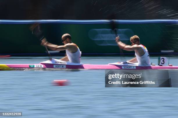 Max Hoff and Jacob Schopf of Team Germany compete during the Men's Kayak Double 1000m Semi-final 2 on day thirteen of the Tokyo 2020 Olympic Games at...