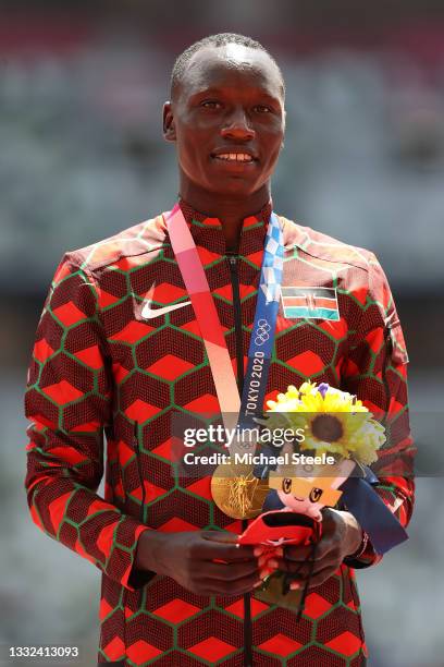 Gold medalist Emmanuel Kipkurui Korir of Team Kenya poses during the medal ceremony for the Men's 800m Final on day thirteen of the Tokyo 2020...