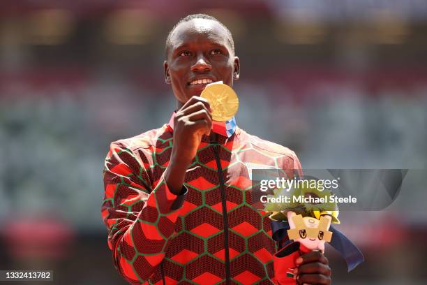 Gold medalist Emmanuel Kipkurui Korir of Team Kenya poses during the medal ceremony for the Men's 800m Final on day thirteen of the Tokyo 2020...