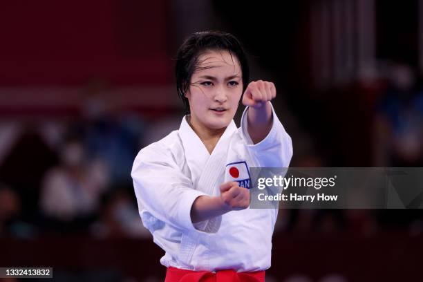 Kiyou Shimizu of Team Japan competes during the Women’s Karate Kata Elimination Round on day thirteen of the Tokyo 2020 Olympic Games at Nippon...