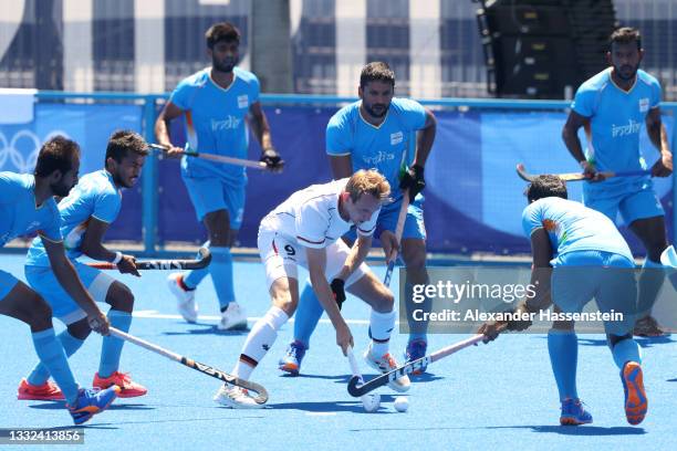 Niklas Wellen of Team Germany controls the ball during the Men's Bronze medal match between Germany and India on day thirteen of the Tokyo 2020...