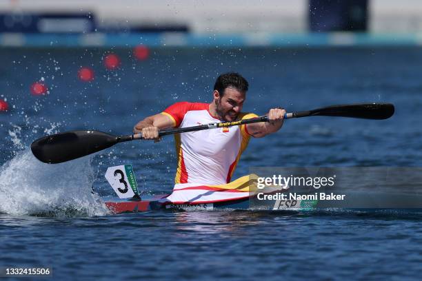 Saul Craviotto of Team Spain competes during the Men's Kayak Single 200m Semi-final 2 on day thirteen of the Tokyo 2020 Olympic Games at Sea Forest...